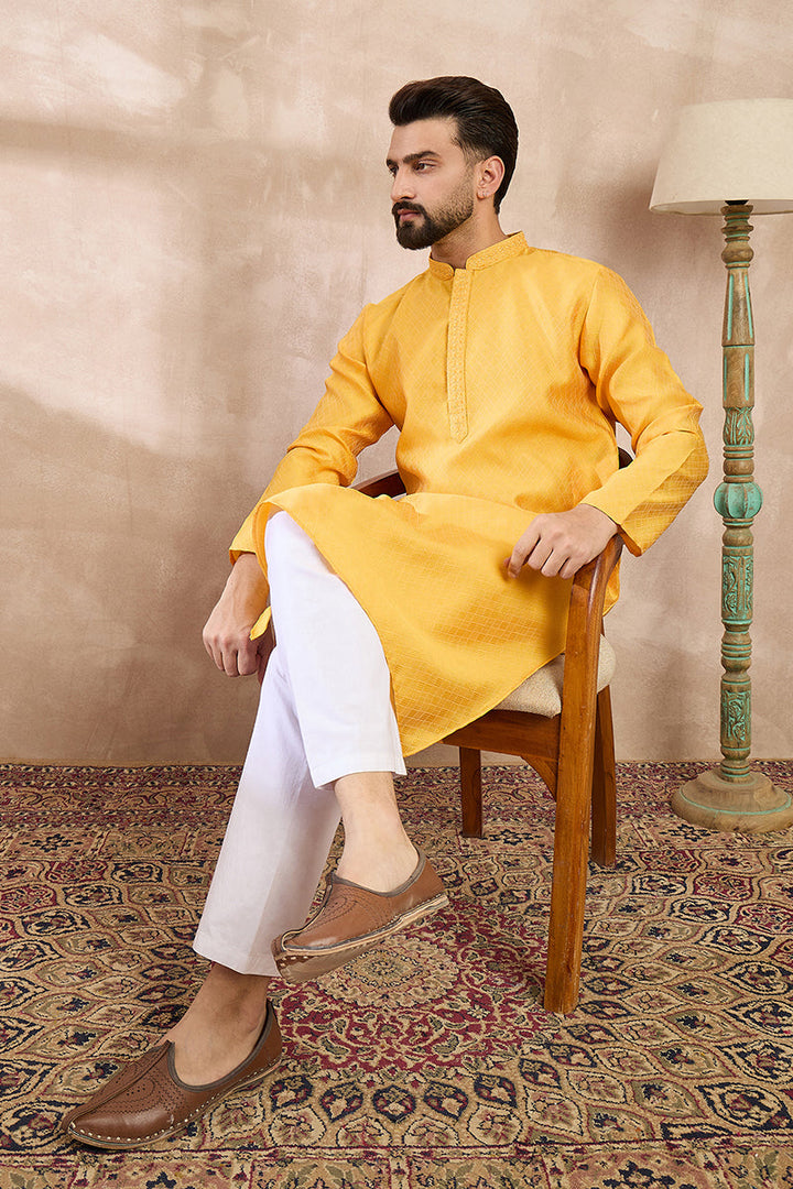 Yellow Silk Blend Solid Embroidered Straight Kurta With Trouser | SHOBITAM