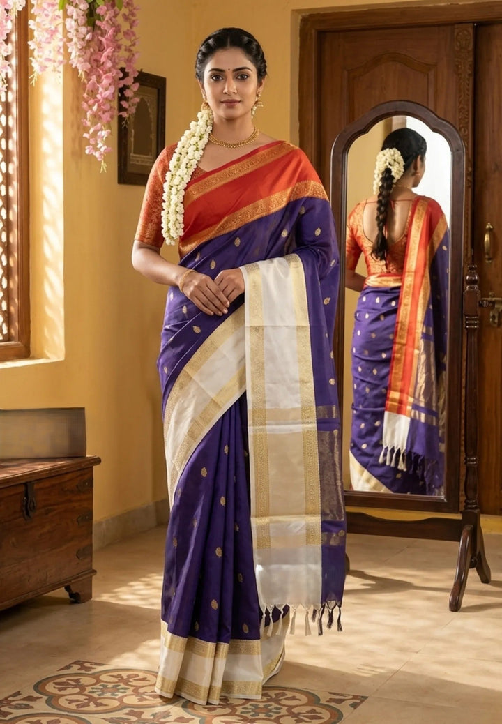 Blue Saree with ganga Jamuna Borders in Semi Silk| SHOBITAM