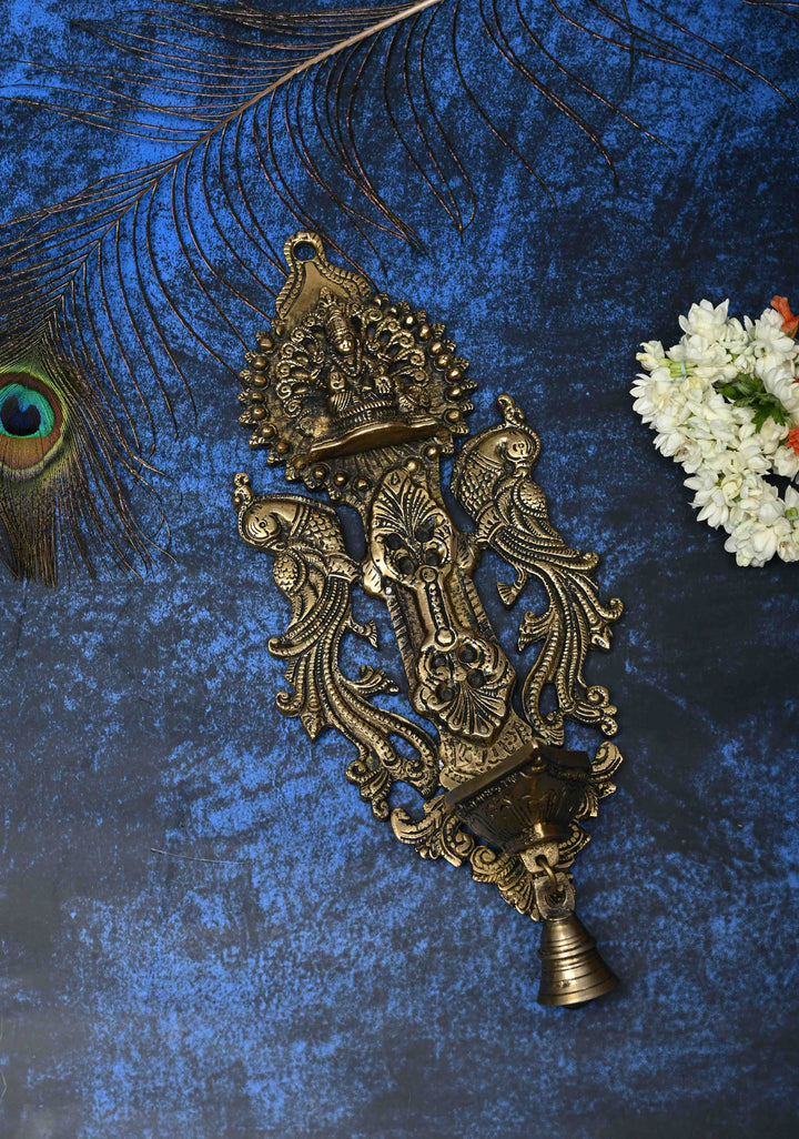 Antique Brass Lakshmi with Peacocks Wall Hanging Diya, Indian Decorative
