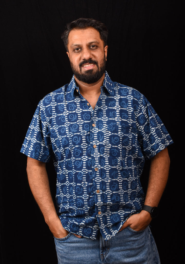 Blue White Handblock Printed Cotton Mens Shirt