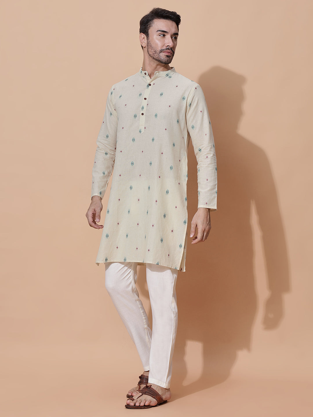 Hans Men Handloom Cotton Long Kurta in Cream
