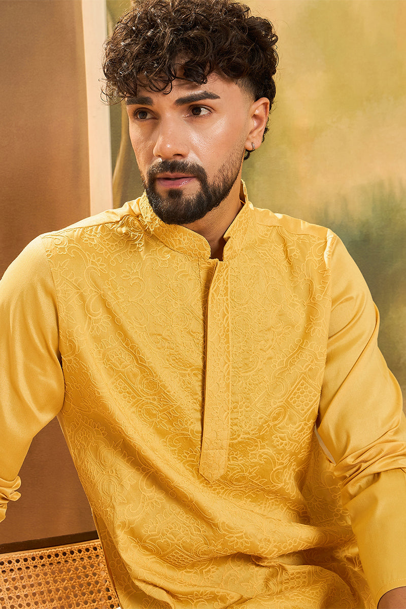 Yellow Silk Blend Solid Embroidered Straight Kurta | SHOBITAM