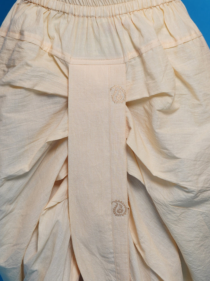 Boys Cotton Sleevelees Golden Ambi Embrodiery Nehru Jacket with Kurta and Dhoti - Seashell Cream | SHOBITAM