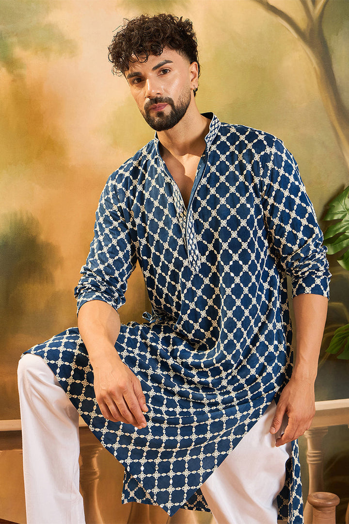 Blue Viscose Rayon Shibori Embroidered Straight Kurta With Pant Set | SHOBITAM