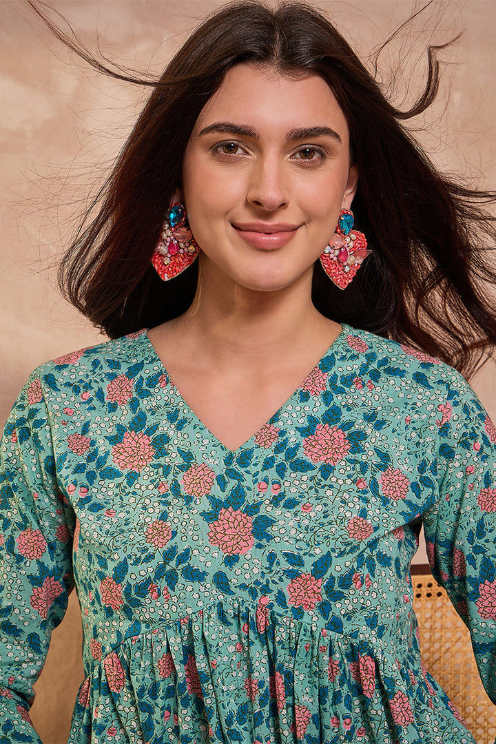 Cotton Blend Blue Floral Regular Tops  | SHOBITAM