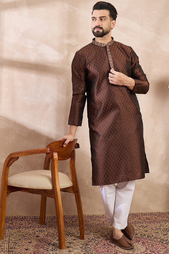 Brown Silk Blend Solid Woven Design Straight Kurta | SHOBITAM