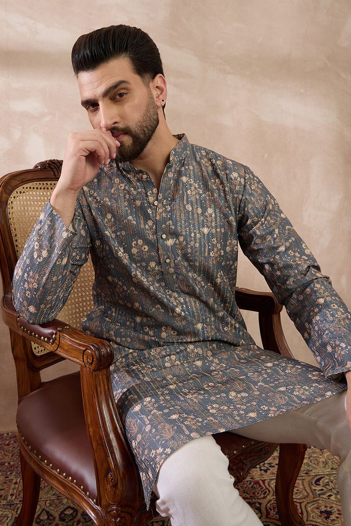 Grey Silk Blend Printed Mandarin Collar Straight Kurta For Men | SHOBITAM