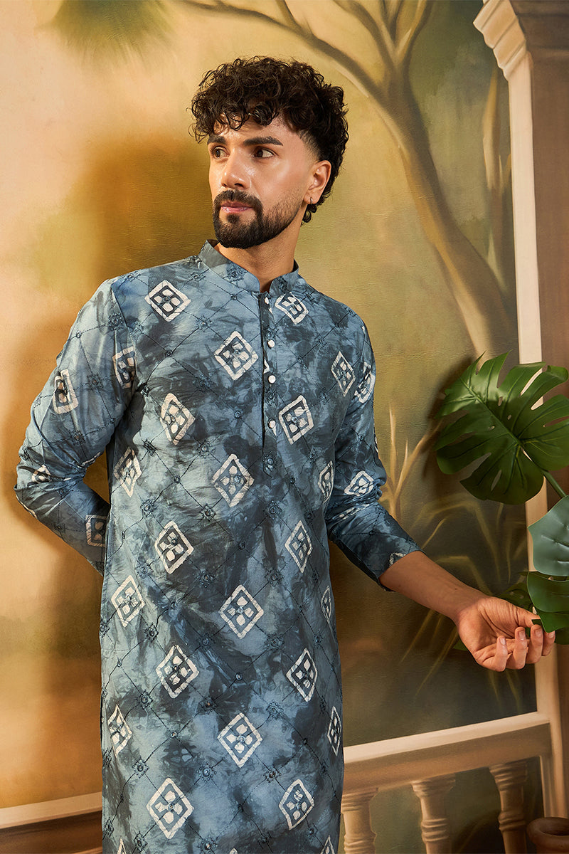 Blue Silk Blend Batik Embroidered Straight Kurta with Trouser | SHOBITAM