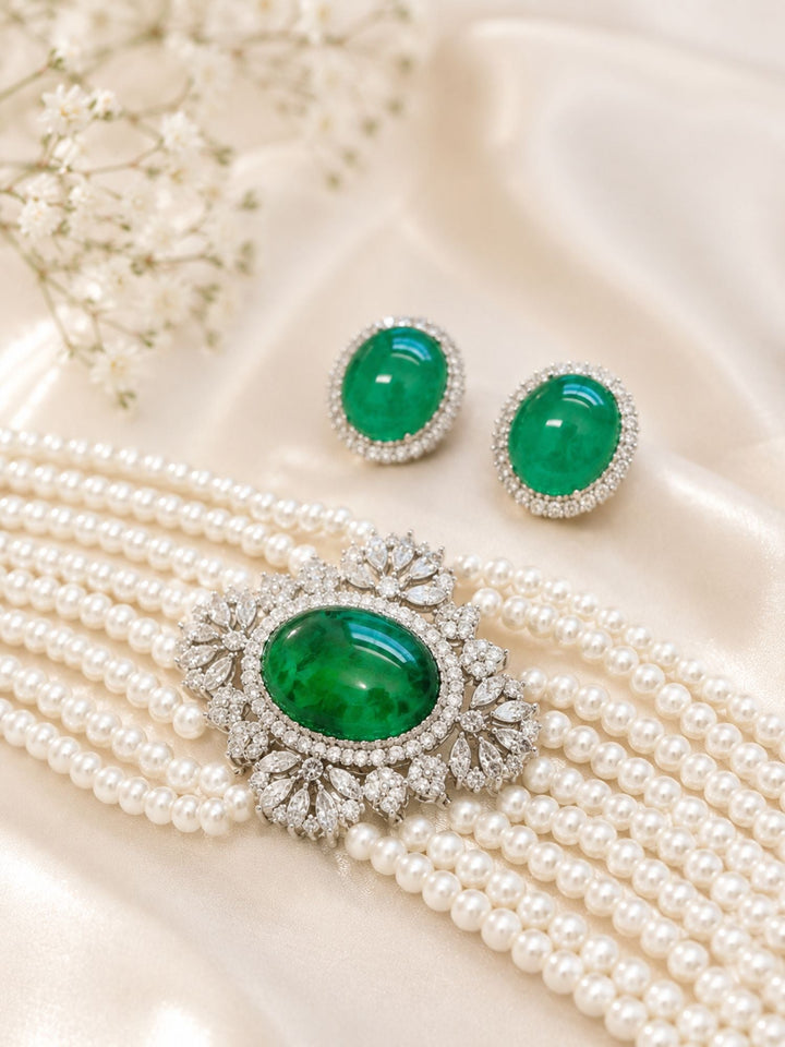 Emerald Pearl Choker Necklace Set in Silver Plating | SHOBITAM