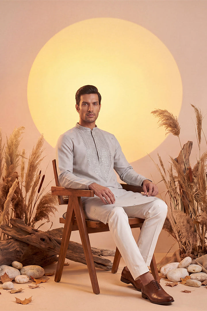 Mens Grey Silk Blend Solid Emboidered Sequins Kurta With Trouser | SHOBITAM