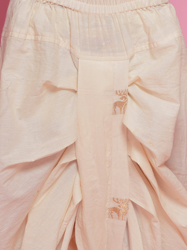 Cotton Sleevelees Golden Deer Embrodiery Nehru Jacket with Kurta and Dhoti - Cream | SHOBITAM