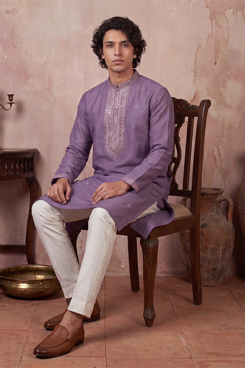 Mens Lavender Silk Blend Solid Emboidered Sequins Kurta With Trouser | SHOBITAM