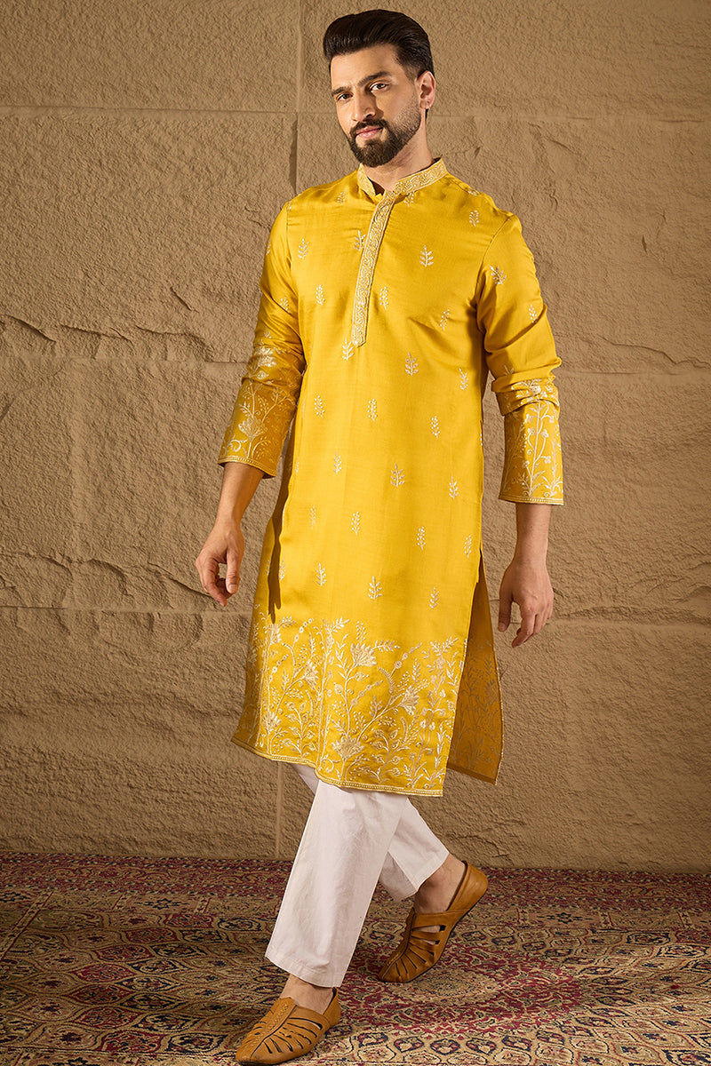 Yellow Chanderi Silk Solid Embroidered Straight Kurta with Trouser | SHOBITAM