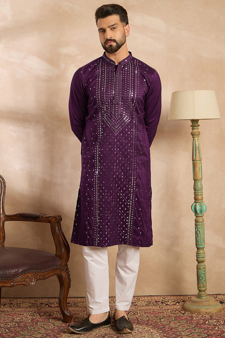 Purple Silk Blend Geometric Embroidered Straight Kurta With Trouser | SHOBITAM