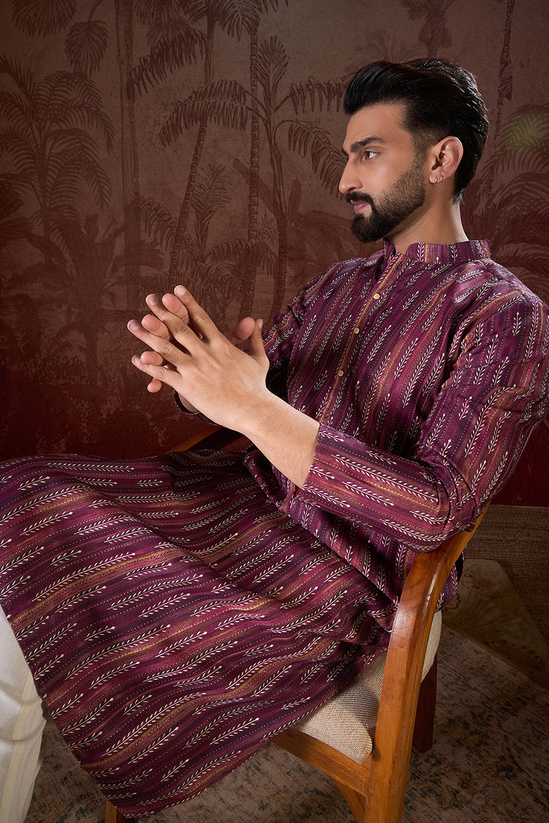 Purple Silk Blend Striped Printed Straight Kurta With Trouser | SHOBITAM