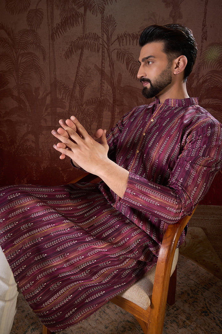 Purple Silk Blend Striped Printed Straight Kurta With Trouser | SHOBITAM