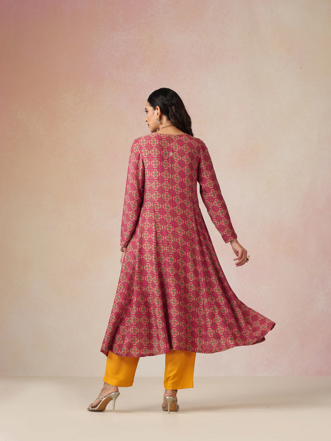 Pink Print Viscose Fit And Flared Kurta Set| SHOBITAM