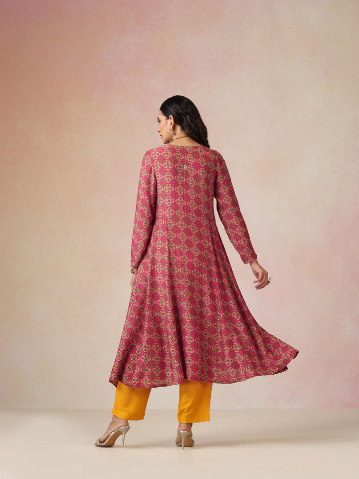 Pink Print Viscose Fit And Flared Kurta Set| SHOBITAM