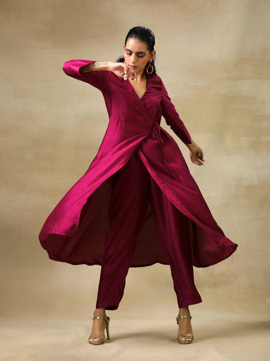 Purple Textured Silk Angrakha Kurta Pant Set | SHOBITAM
