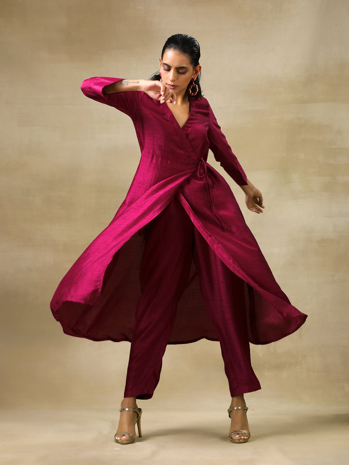 Purple Textured Silk Angrakha Kurta Pant Set | SHOBITAM