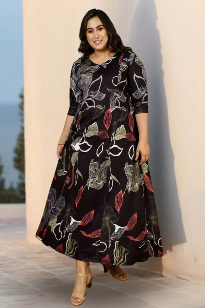 Black Floral Plus Size Dress in Polyester Spandex Fabric for Women | Made to Order