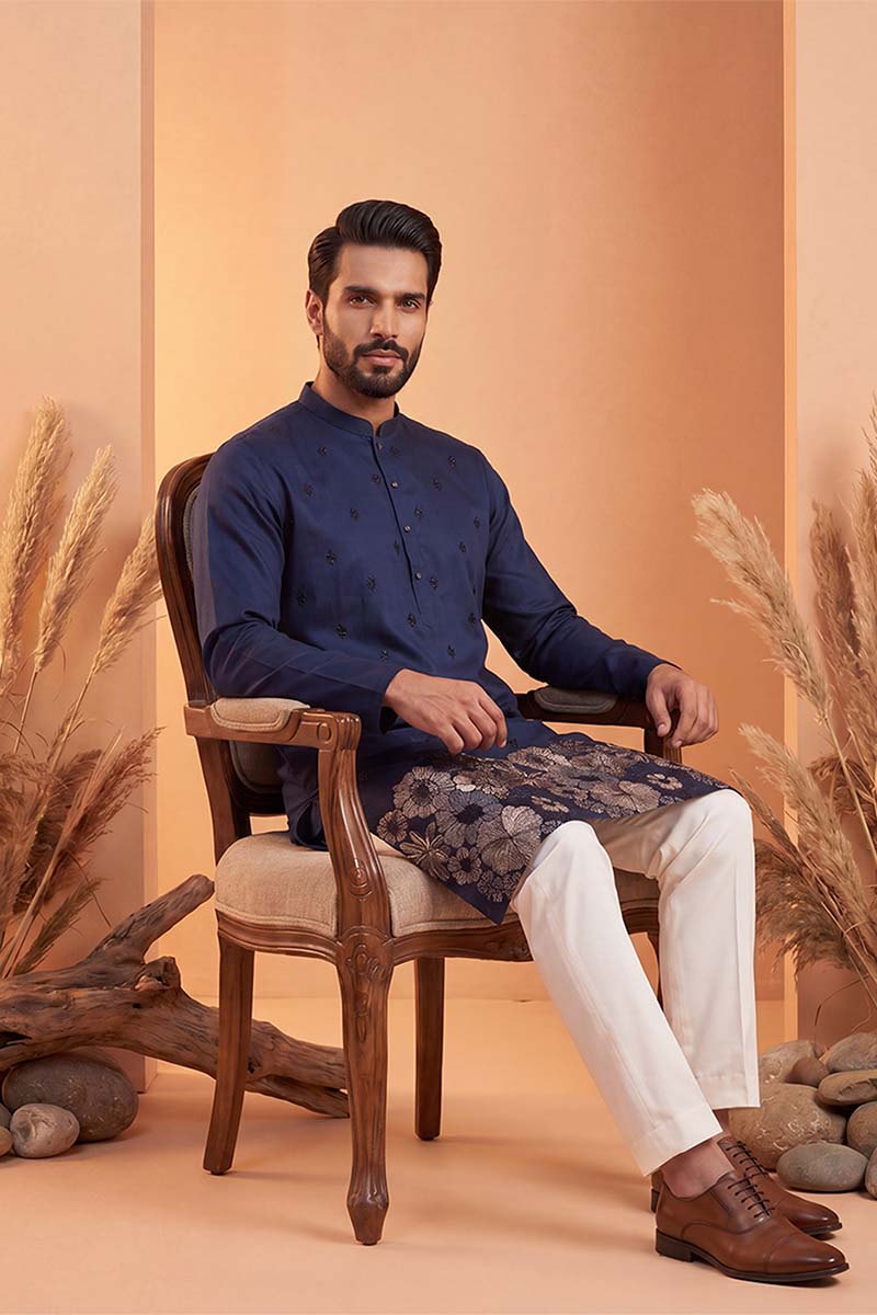 Mens Blue Silk Blend Solid Embroidered Kurta With Trousers | SHOBITAM