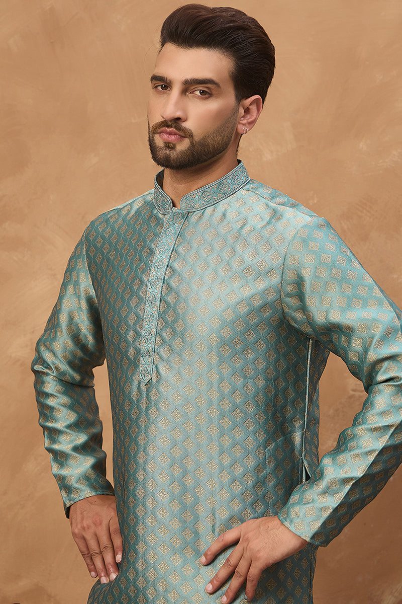 Blue Silk Blend Solid Woven Design Straight Kurta | SHOBITAM