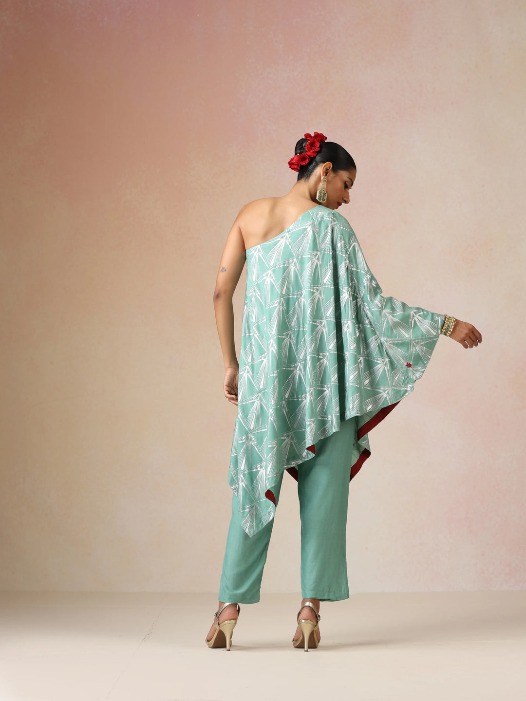 Mint Green Silver Foil Print Muslin Silk Asymmetric One-Shoulder Kurta Co-ord Set | SHOBITAM