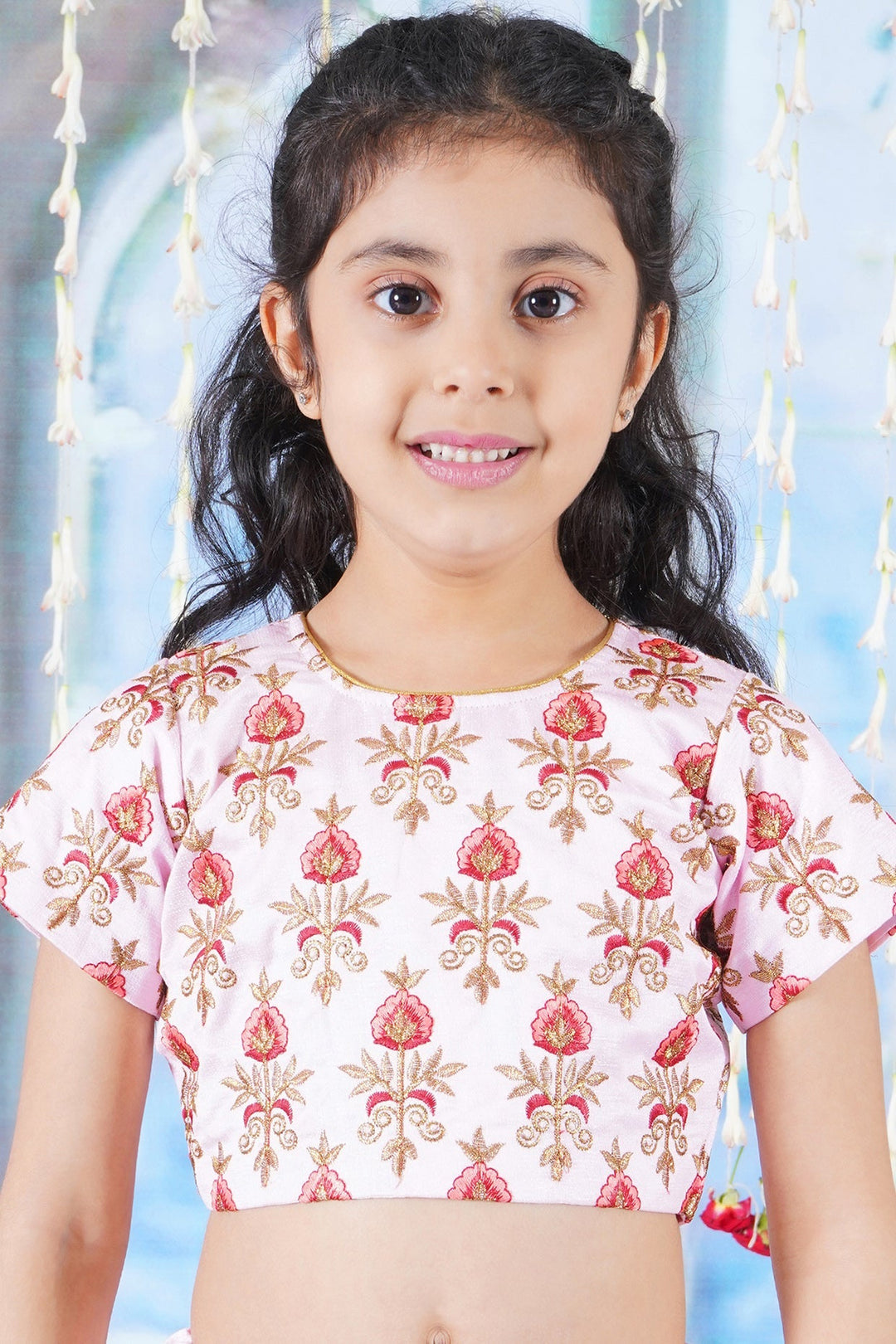 Girl Bageecha Floral Thread work Blouse with Mirror work Lehenga and Sequin moti work Dupatta, accompanied with Hand made tassel and Ghungroo work | SHOBITAM