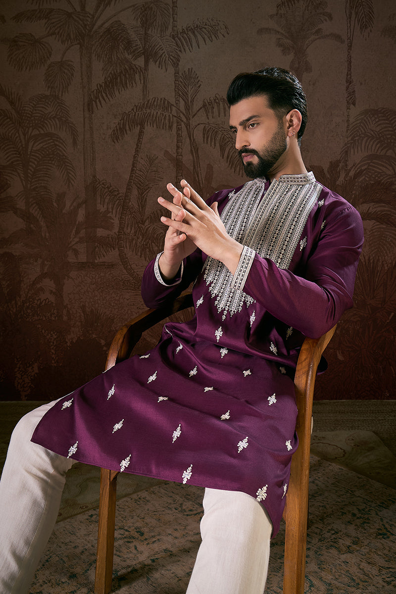 Purple Silk Blend Solid Embroidered Straight Kurta | SHOBITAM