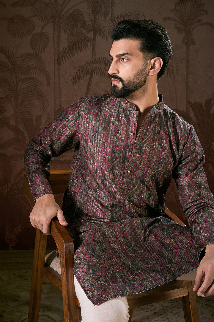 Purple Silk Blend Ethnic Motifs Printed Straight Kurta For Men | SHOBITAM