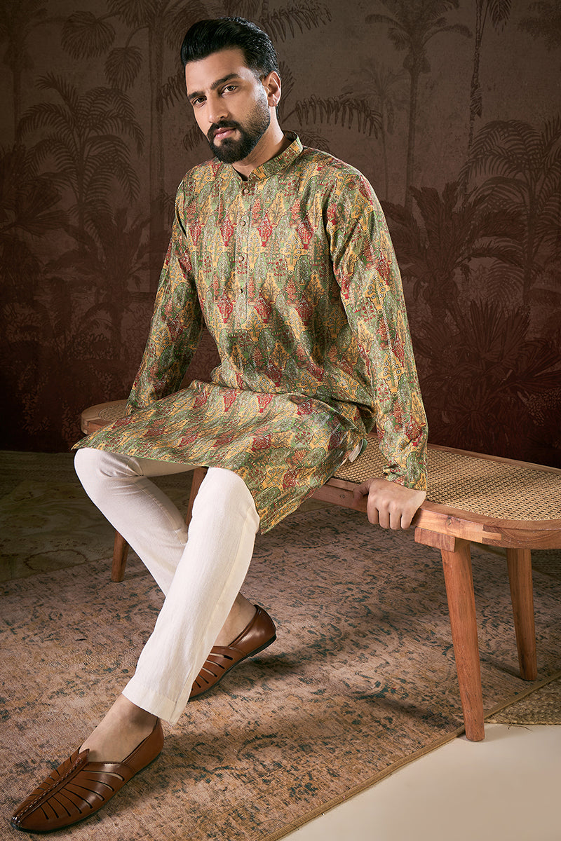 Green Silk Blend Floral Printed Straight Kurta With Trouser | SHOBITAM