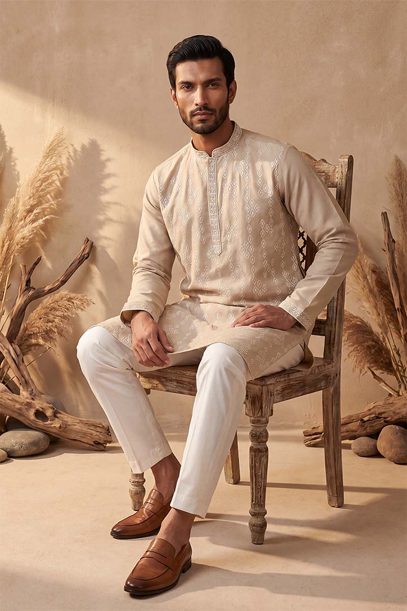 Mens Beige Silk Blend Solid Embroidered Kurta With Trousers  | SHOBITAM