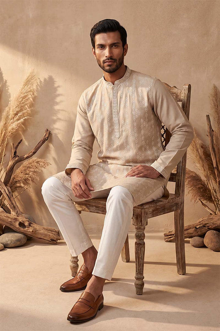 Mens Beige Silk Blend Solid Embroidered Kurta With Trousers  | SHOBITAM