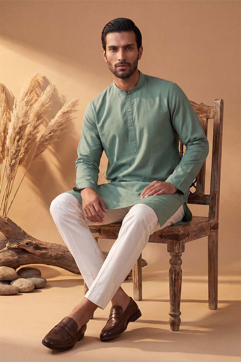Mens Green Silk Blend Solid Solid Kurta With Trousers | SHOBITAM