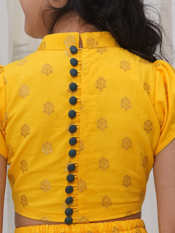 Cotton Floral Embroidery Ready to wear Blouse with Ready to wear Chanderi Saree - Casal & Yellow | SHOBITAM