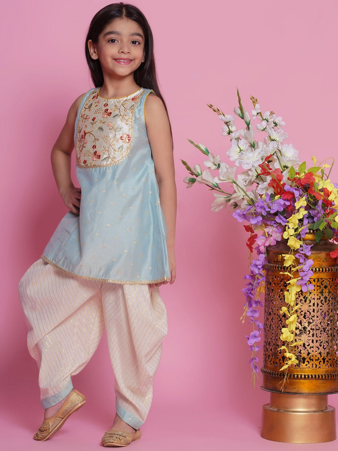 Chanderi Silk Floral Kurta with Dhoti Salwar & Dupatta - Dolphin Blue | SHOBITAM