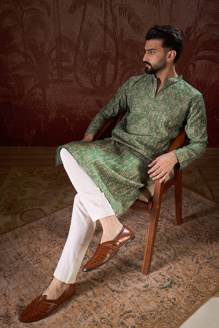 Green Silk Blend Ethnic Motifs Printed Straight Kurta With Trouser | SHOBITAM