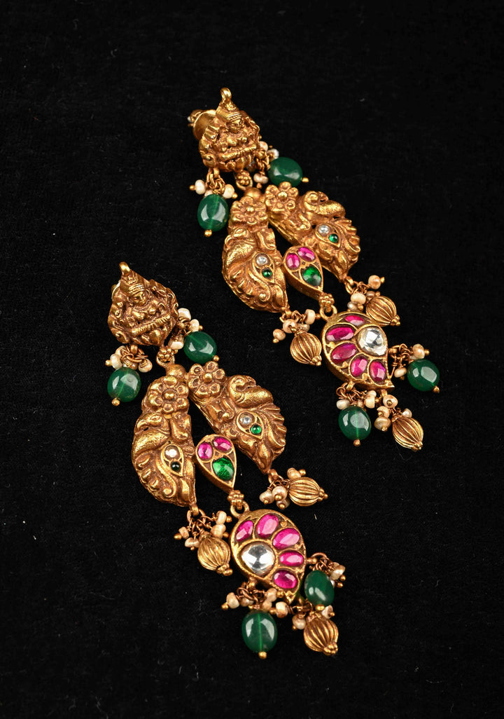 92.5 Pure Silver, Gold Plated Antique Jadau  Deep Nagas Earrings