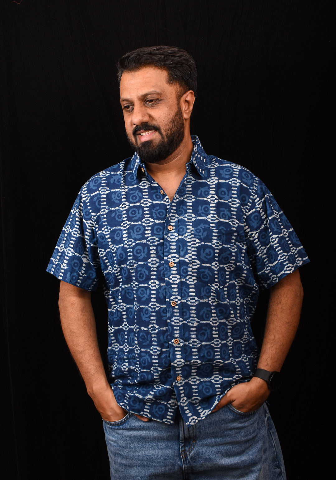 Blue White Handblock Printed Cotton Mens Shirt