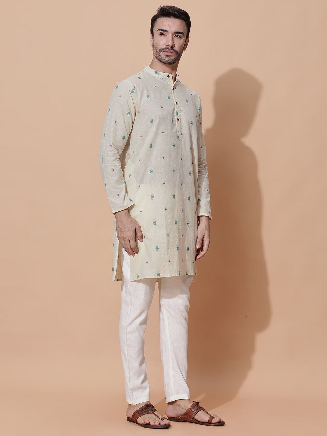 Hans Men Handloom Cotton Long Kurta in Cream
