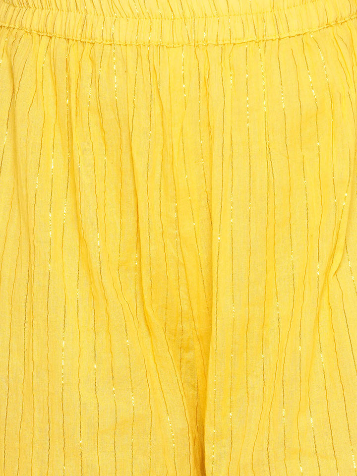Banarsi Floral Frock Style Kurta with Gold Strip Sharara & Dupatta -Haldi Yellow | SHOBITAM