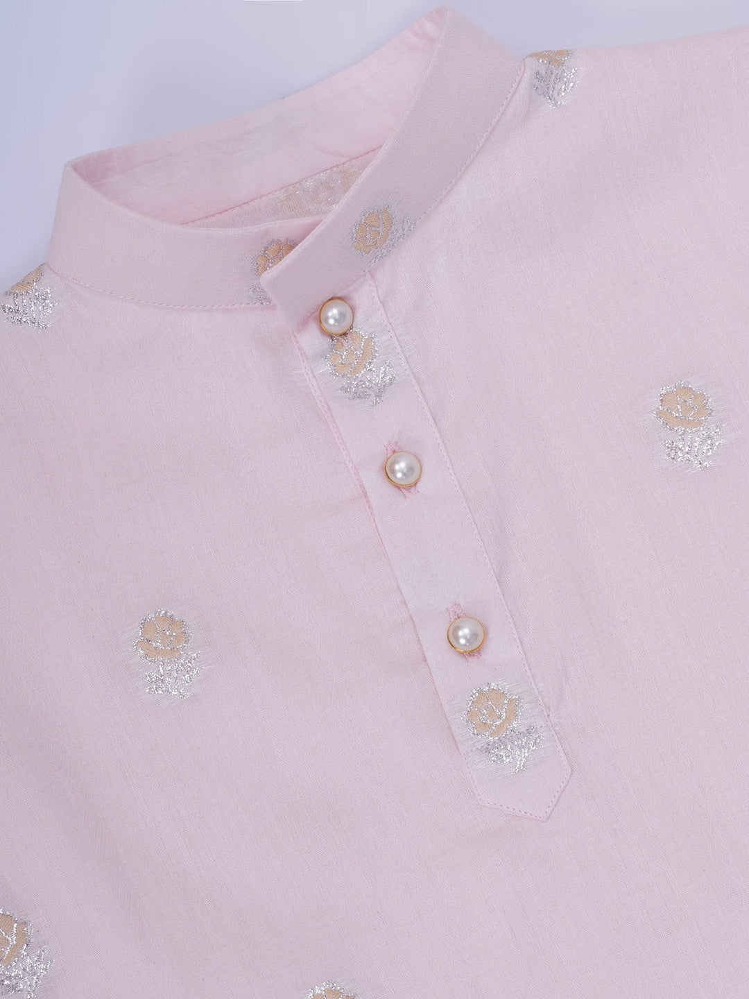 Boys Cotton Full Sleeves Kurta and Dhoti with Floral Zari Work - Pink | SHOBITAM