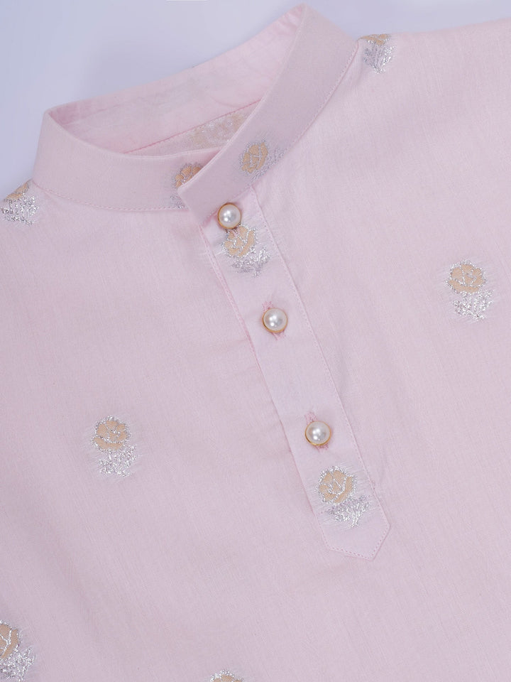 Boys Cotton Full Sleeves Kurta and Dhoti with Floral Zari Work - Pink | SHOBITAM
