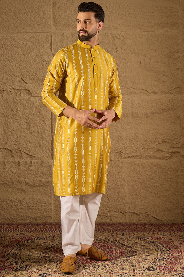 Yellow Viscose Rayon Ethnic Motifs Printed Straight Kurta with Trousers | Shobitam