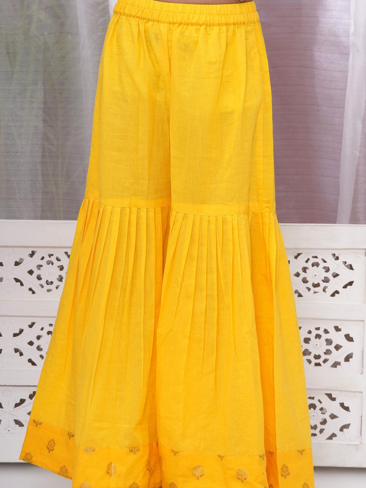 Girls Cotton Sleeveless Kurta Frock with Sharara and Dupatta with Golden Floral Zari Work - Haldi Yellow | SHOBITAM
