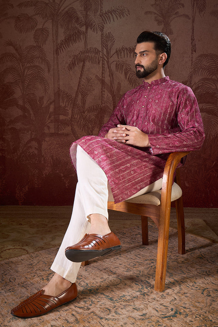 Maroon Silk Blend Ethnic Motifs Printed Straight Kurta With Trouser | SHOBITAM