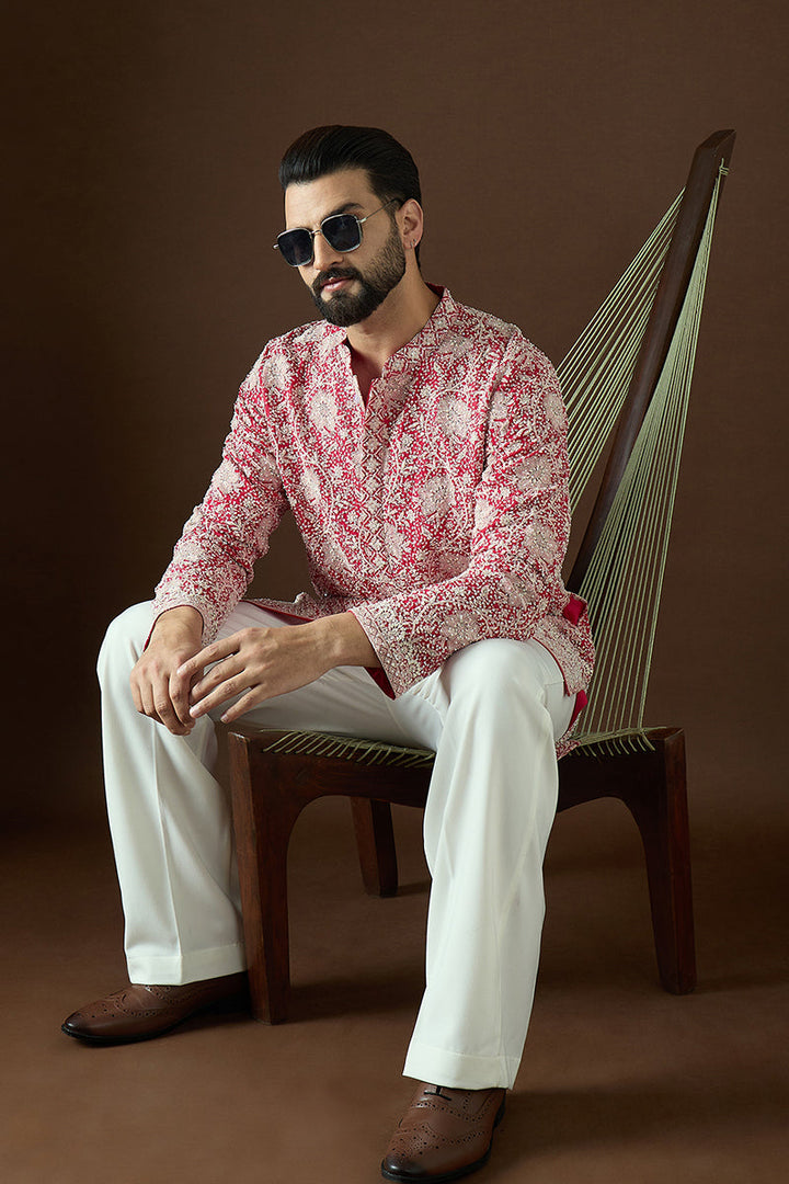 Pink Georgette Solid Embroidered Straight Kurta | SHOBITAM