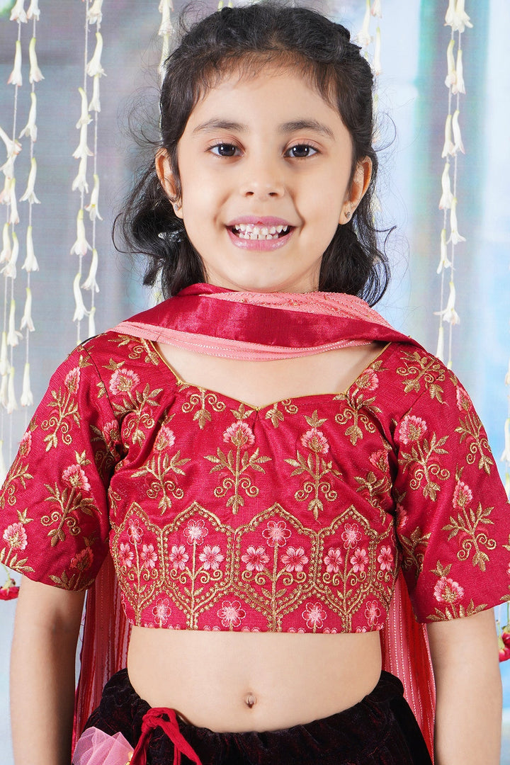 Girl Bageecha Floral Thread work Blouse with Velvet Lehenga and Sequin moti work Dupatta, accompanied with Hand made tassel and Ghungroo work in Cherry Red | SHOBITAM