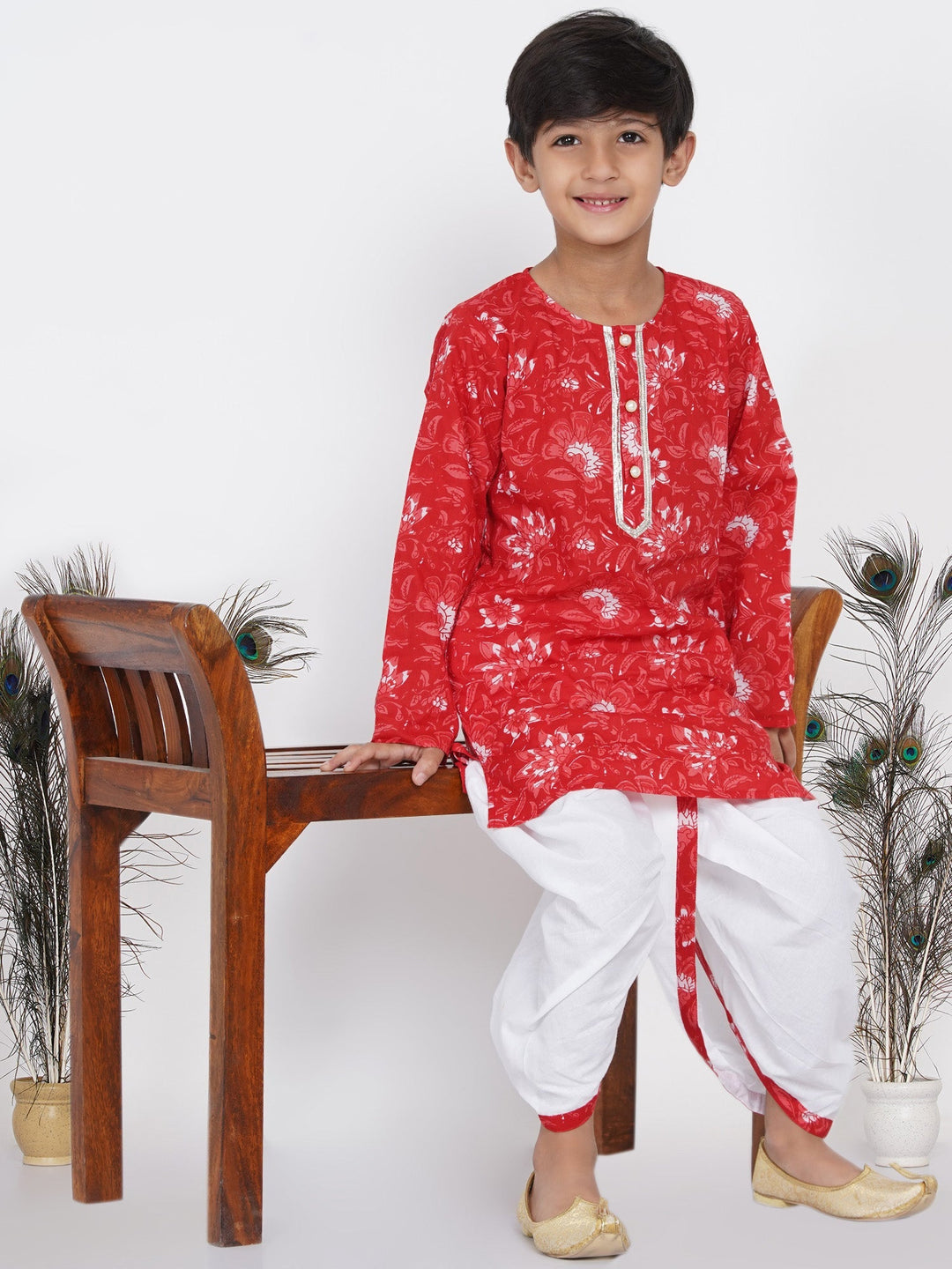 Boys Floral Kurta with Pearl Buttons and Dhoti in Red and White  | SHOBITAM